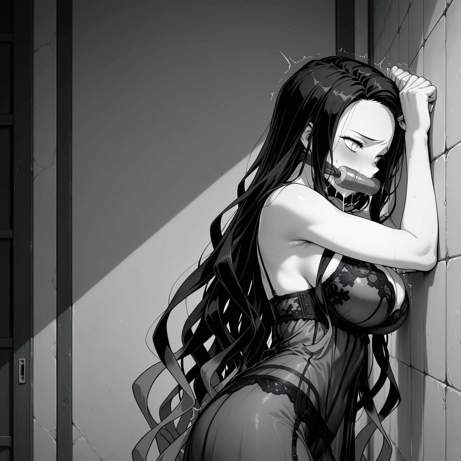 1girl, monochrome, greyscale, long hair, breasts, gag · Yamete.gg