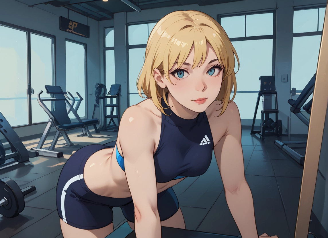 1girl, blonde hair, solo, blue eyes, looking at viewer, shorts · Yamete.gg