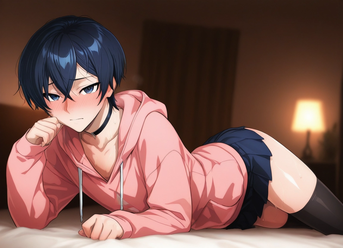 thighhighs, skirt, blush, hood, choker, solo · Yamete.gg