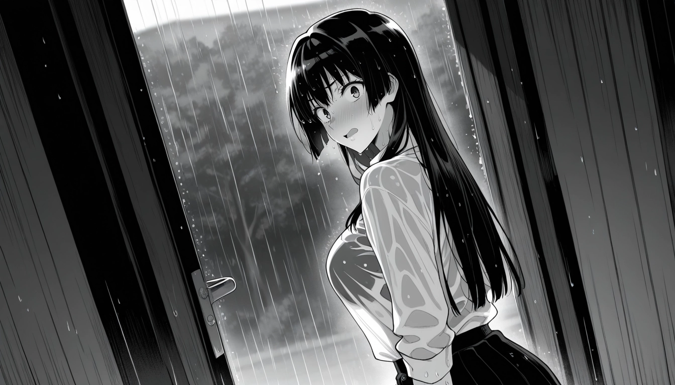 1girl, rain, greyscale, monochrome, wet, wet clothes · Yamete.gg