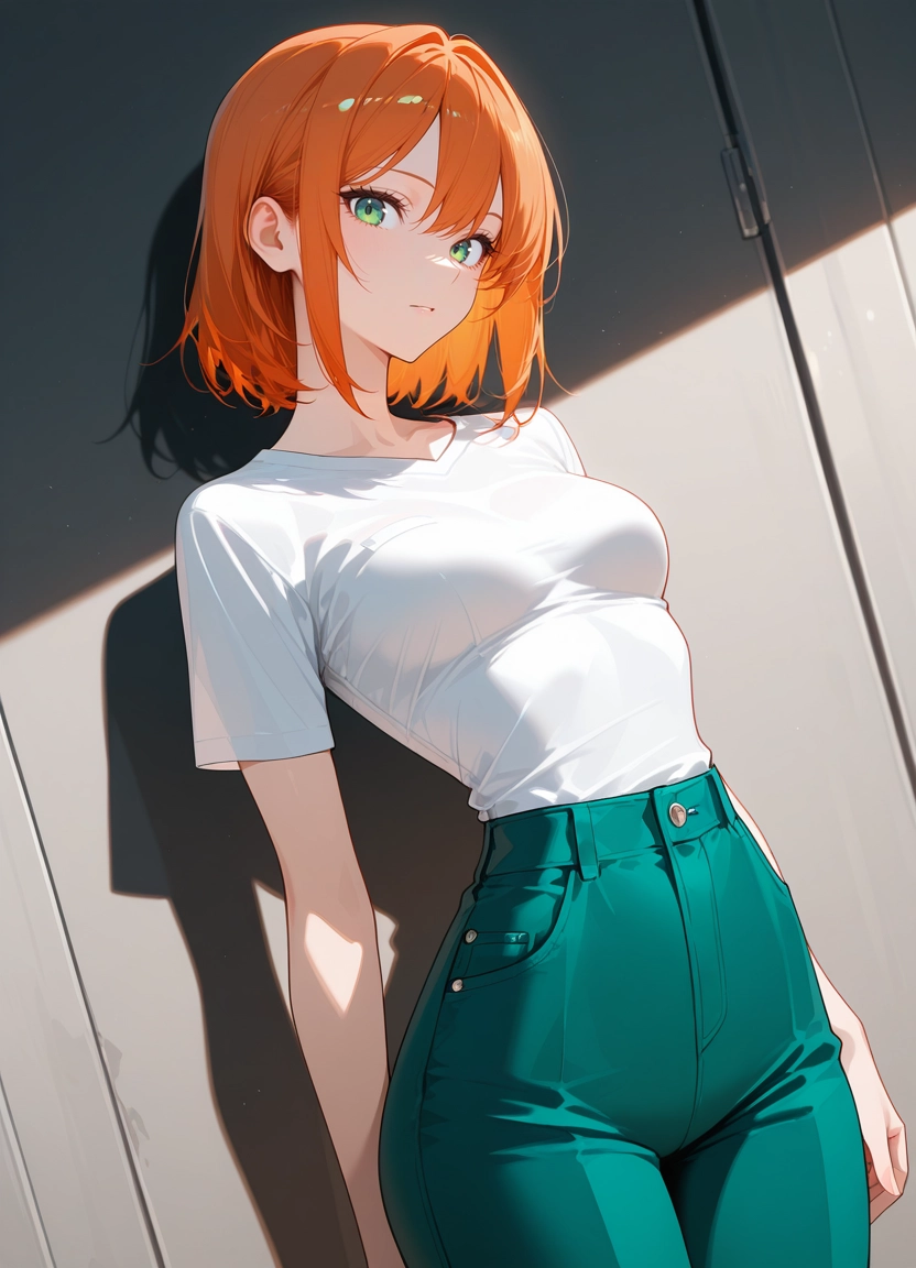 1girl, solo, green eyes, shirt, pants, breasts · Yamete.gg