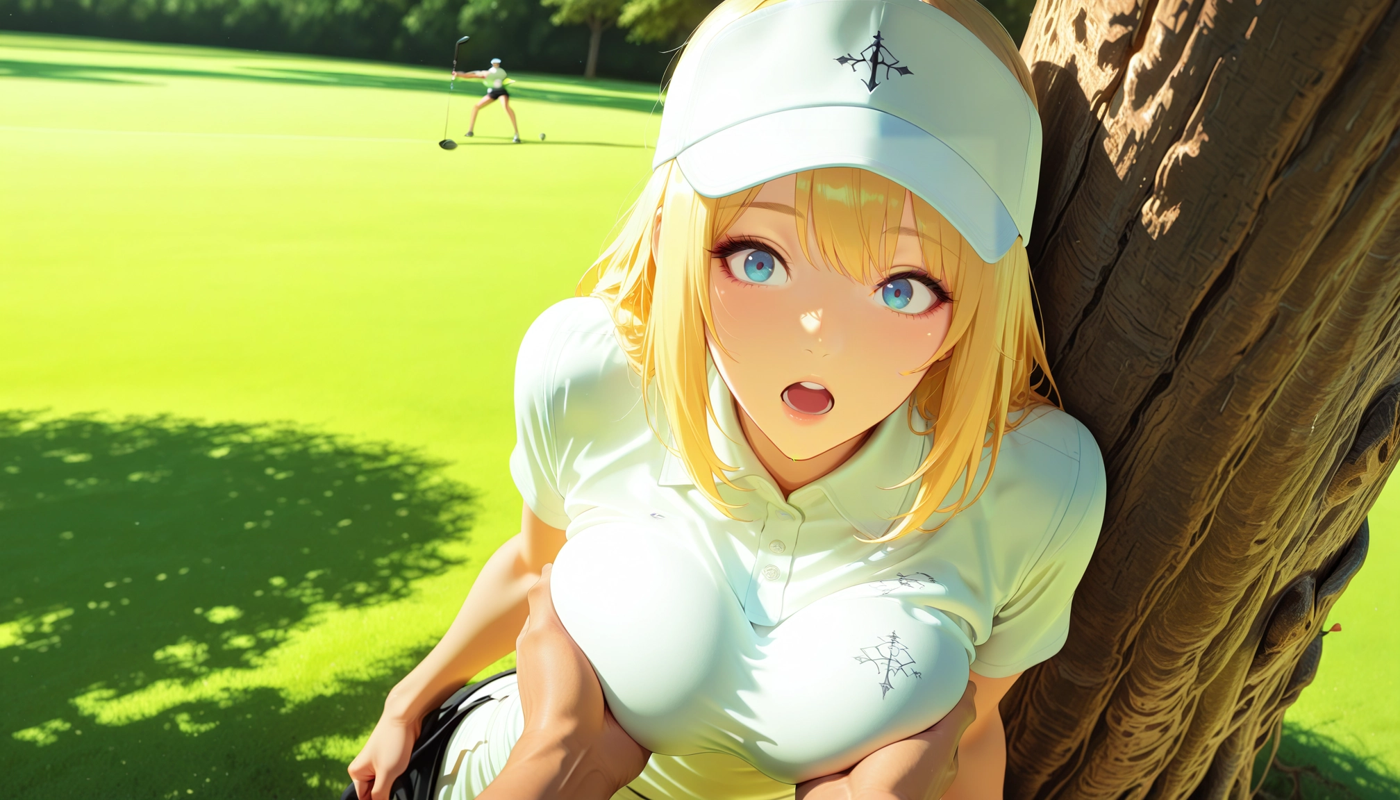 blonde hair, breasts, 1boy, blue eyes, tree, open mouth · Yamete.gg