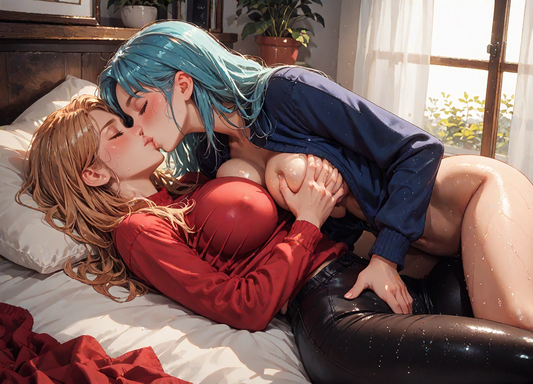 breasts, multiple girls, 2girls, yuri, kiss, large breasts · Yamete.gg
