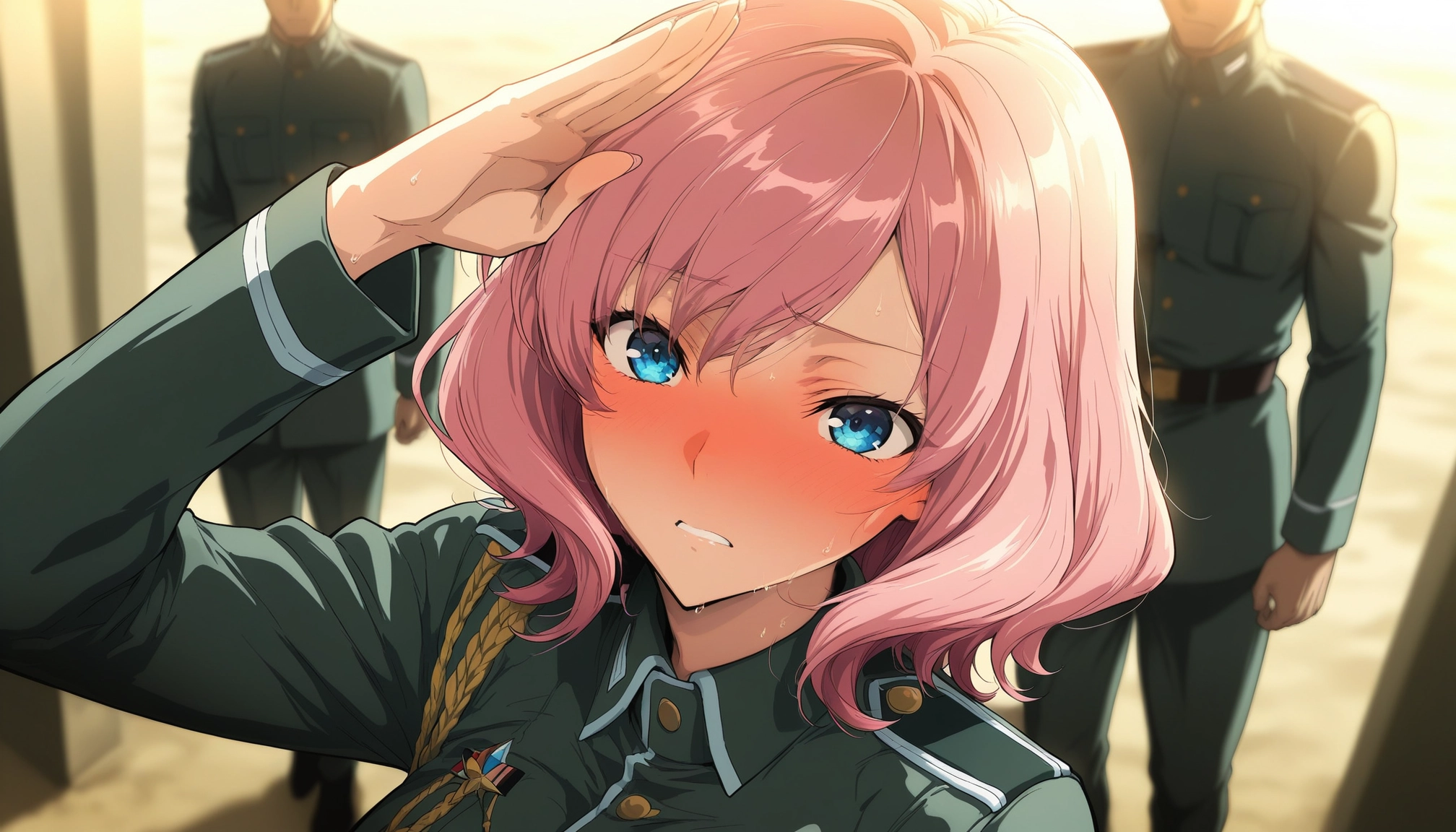 1girl, blue eyes, pink hair, salute, blush, multiple boys · Yamete.gg