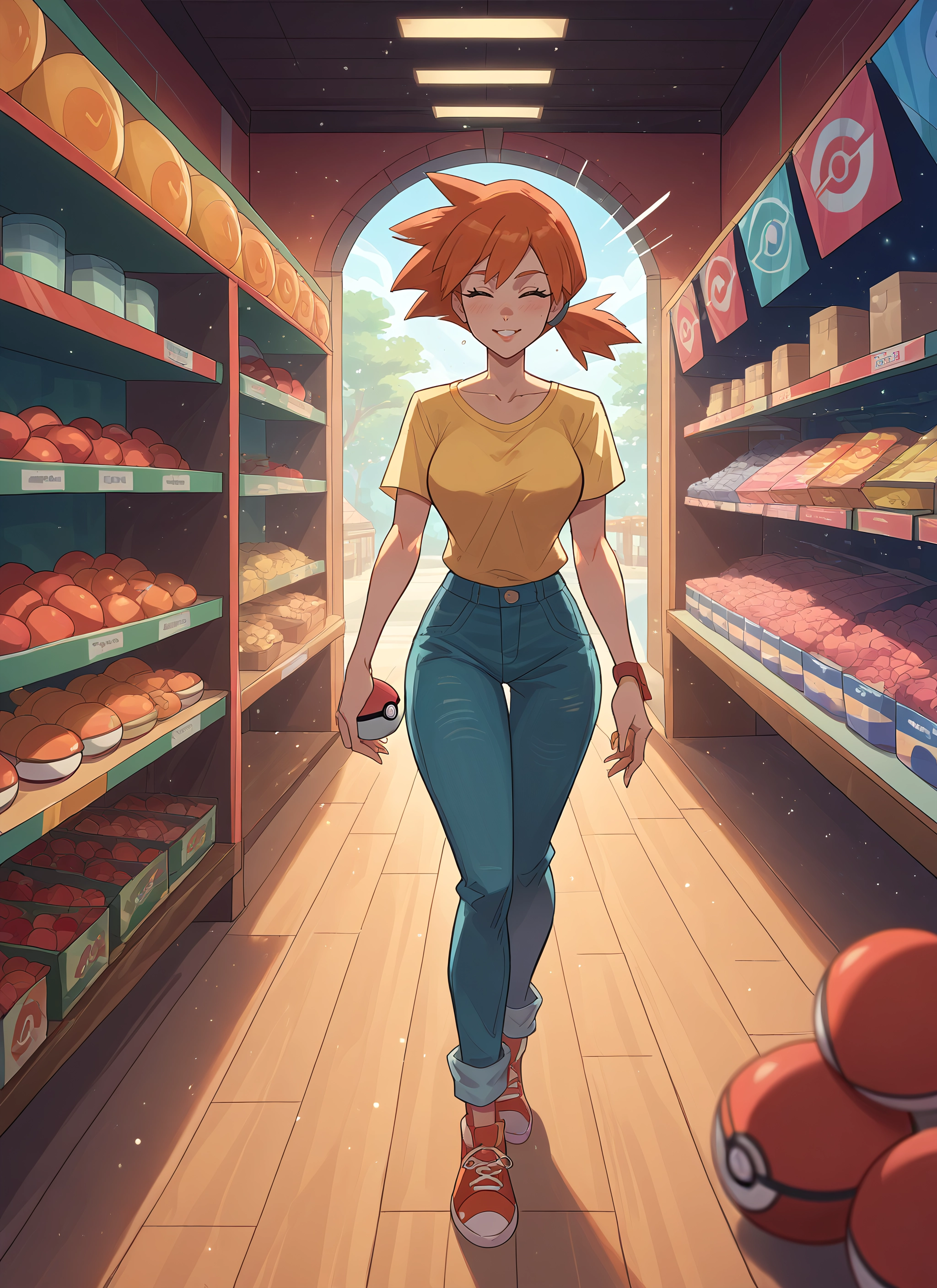 1girl, pants, closed eyes, orange hair, shirt, shoes · Yamete.gg