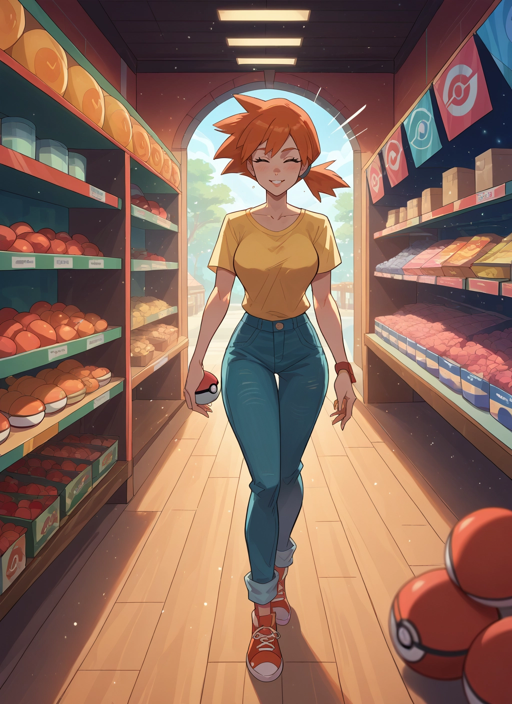 1girl, pants, closed eyes, orange hair, shirt, shoes