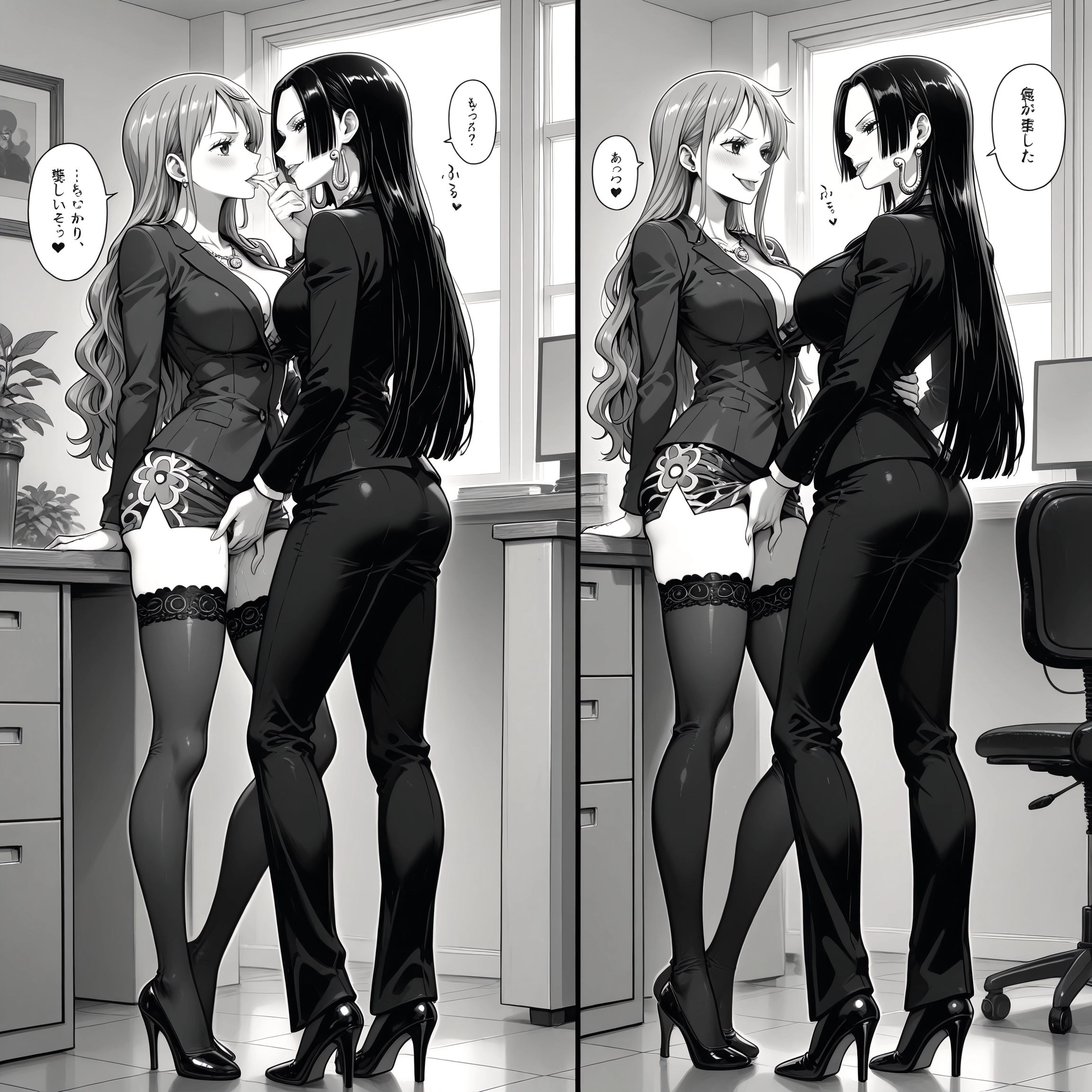 breasts, monochrome, greyscale, multiple girls, high heels, long hair · Yamete.gg