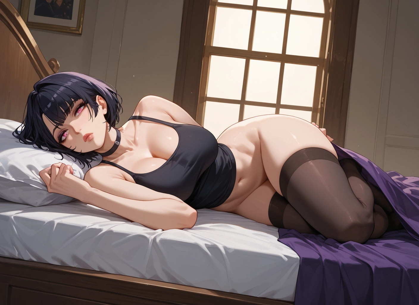 1girl, breasts, thighhighs, short hair, lying, cleavage · Yamete.gg