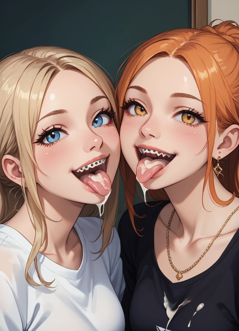 multiple girls, 2girls, jewelry, tongue, blue eyes, teeth · Yamete.gg
