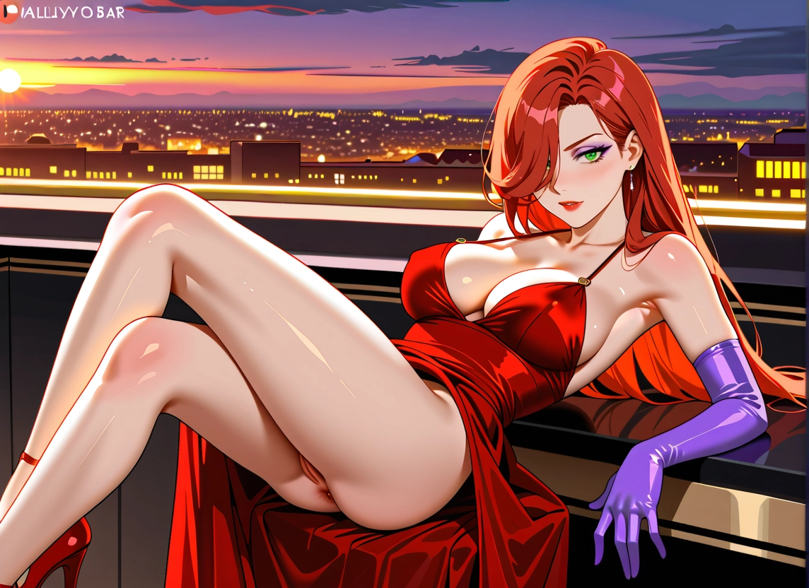1girl, breasts, gloves, dress, green eyes, long hair · Yamete.gg