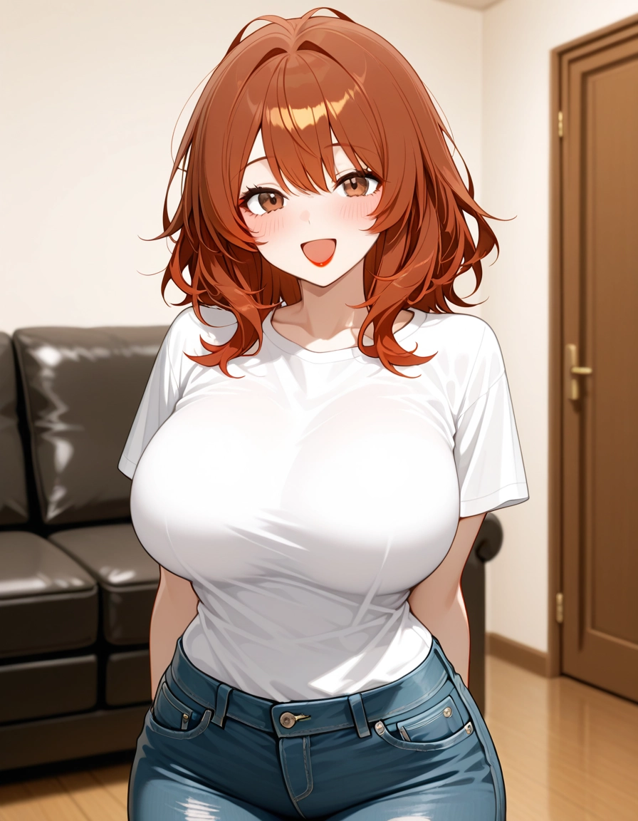 1girl, breasts, denim, solo, jeans, shirt · Yamete.gg