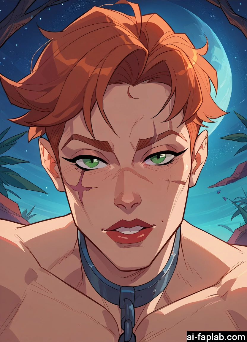 1boy, male focus, green eyes, solo, scar, moon