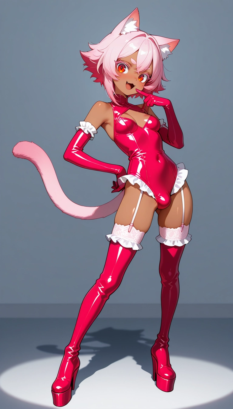 solo, 1girl, gloves, elbow gloves, tail, pink hair · Yamete.gg