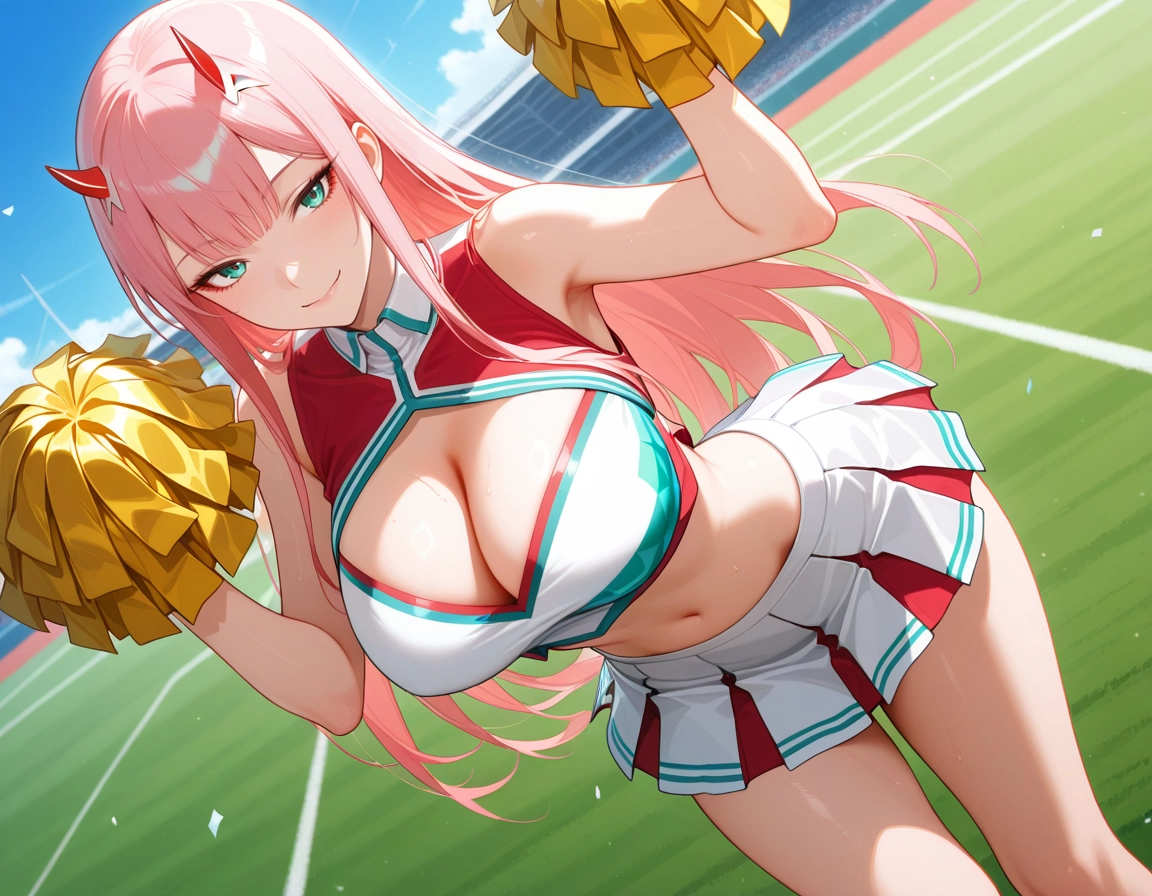 1girl, cheerleader, solo, breasts, pom pom (cheerleading), long hair · Yamete.gg