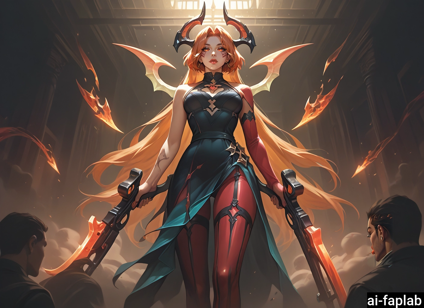 1girl, dual wielding, holding, weapon, long hair, multiple boys · Yamete.gg