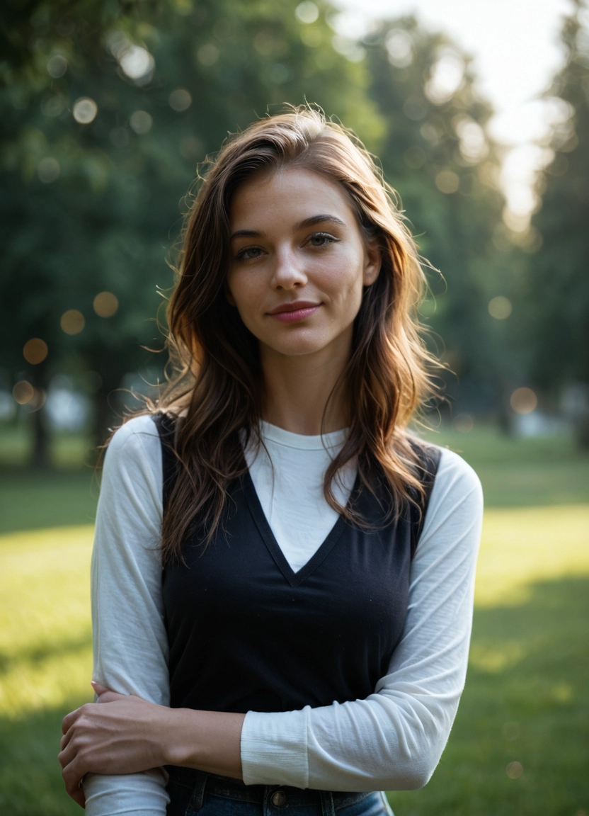 1girl, realistic, photorealistic, solo, blurry background, brown hair