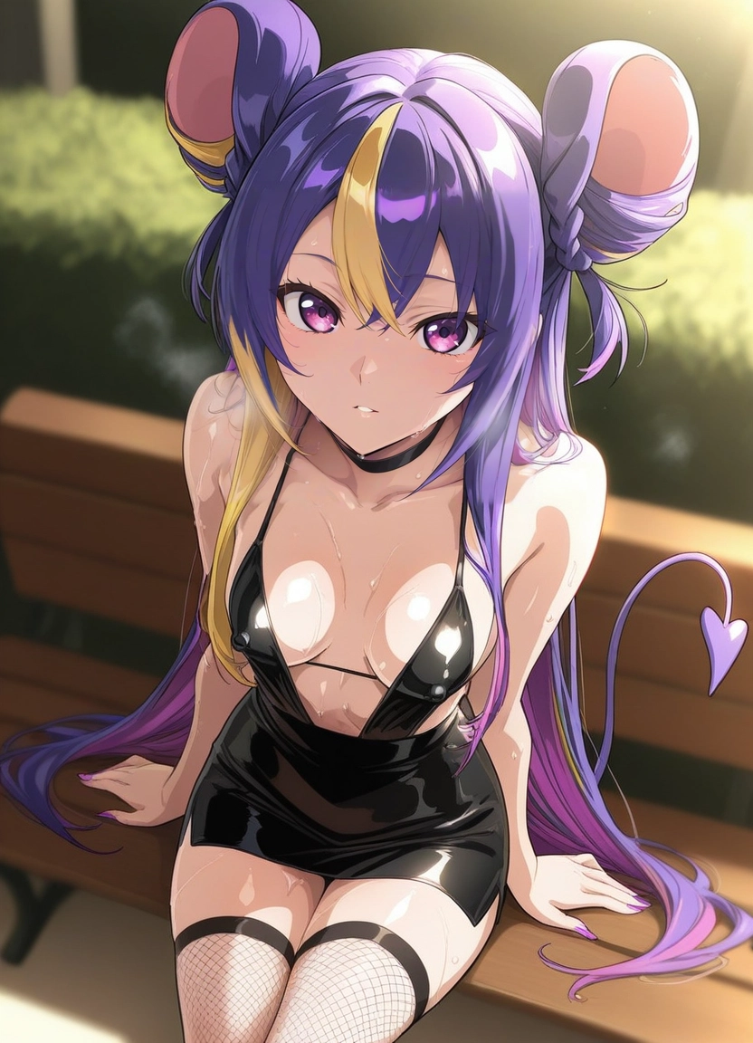 1girl, tail, fishnet thighhighs, solo, purple hair, fishnets · Yamete.gg