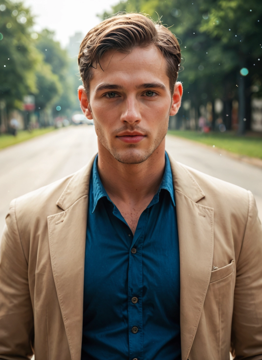 1boy, male focus, facial hair, solo, shirt, blue shirt