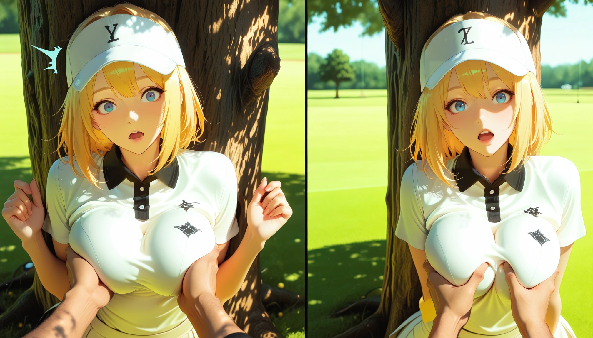 1girl, blonde hair, polo shirt, blue eyes, breasts, bob cut · Yamete.gg