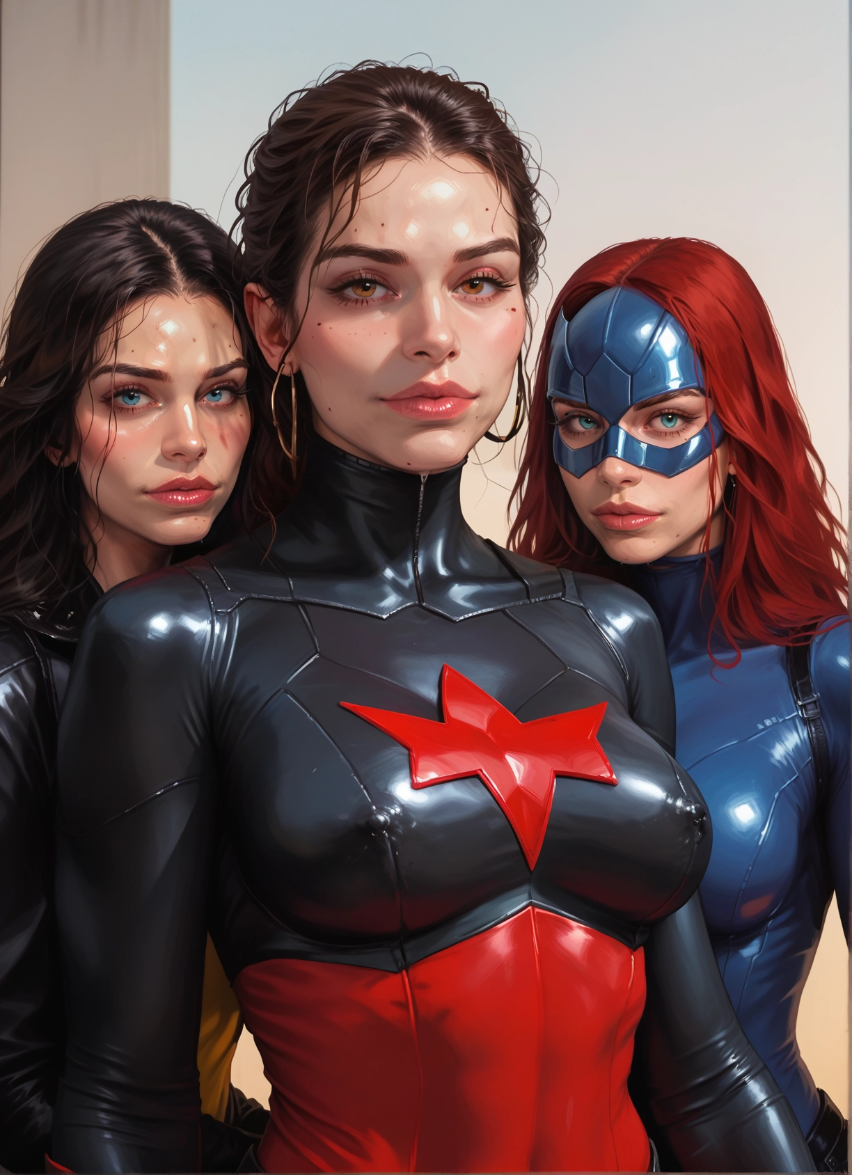 multiple girls, 3girls, bodysuit, blue eyes, breasts, mask · Yamete.gg