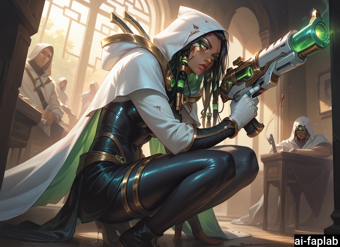 weapon, dark skin, dark-skinned female, gun, bodysuit, hood · Yamete.gg