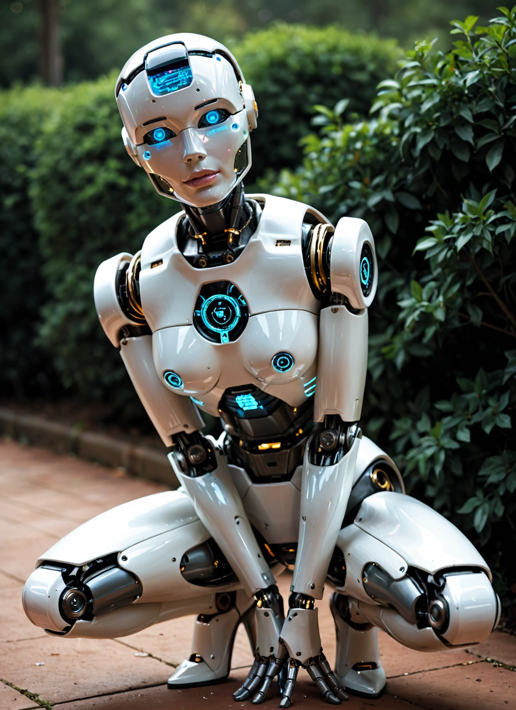 solo, 1girl, squatting, blue eyes, robot, robot joints · Yamete.gg