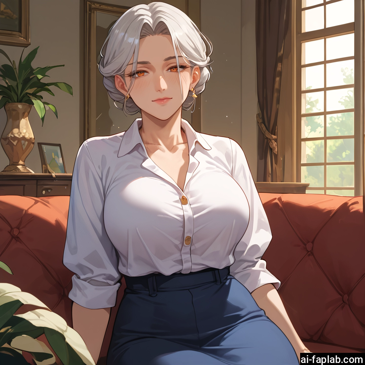 1girl, breasts, jewelry, shirt, skirt, earrings · Yamete.gg