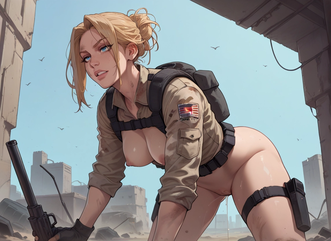 1girl, breasts, weapon, blonde hair, blue eyes, nipples