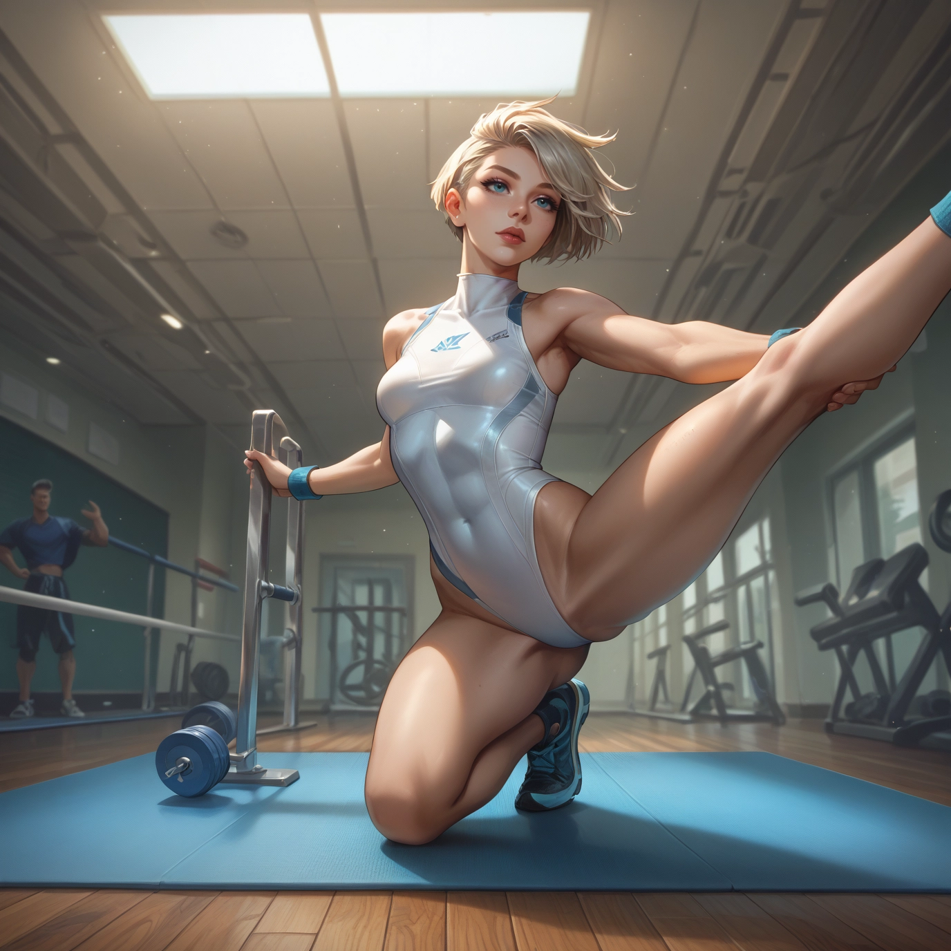 1girl, blue eyes, short hair, leotard, breasts, gym · Yamete.gg