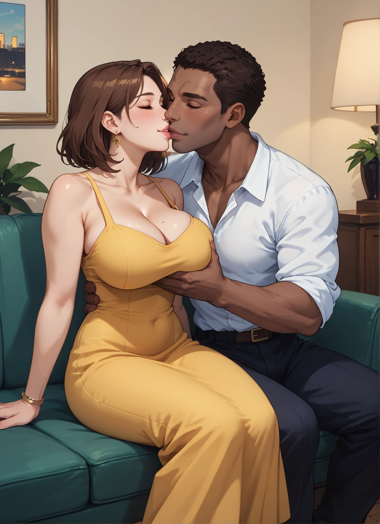 1girl, 1boy, breasts, brown hair, dress, jewelry · Yamete.gg