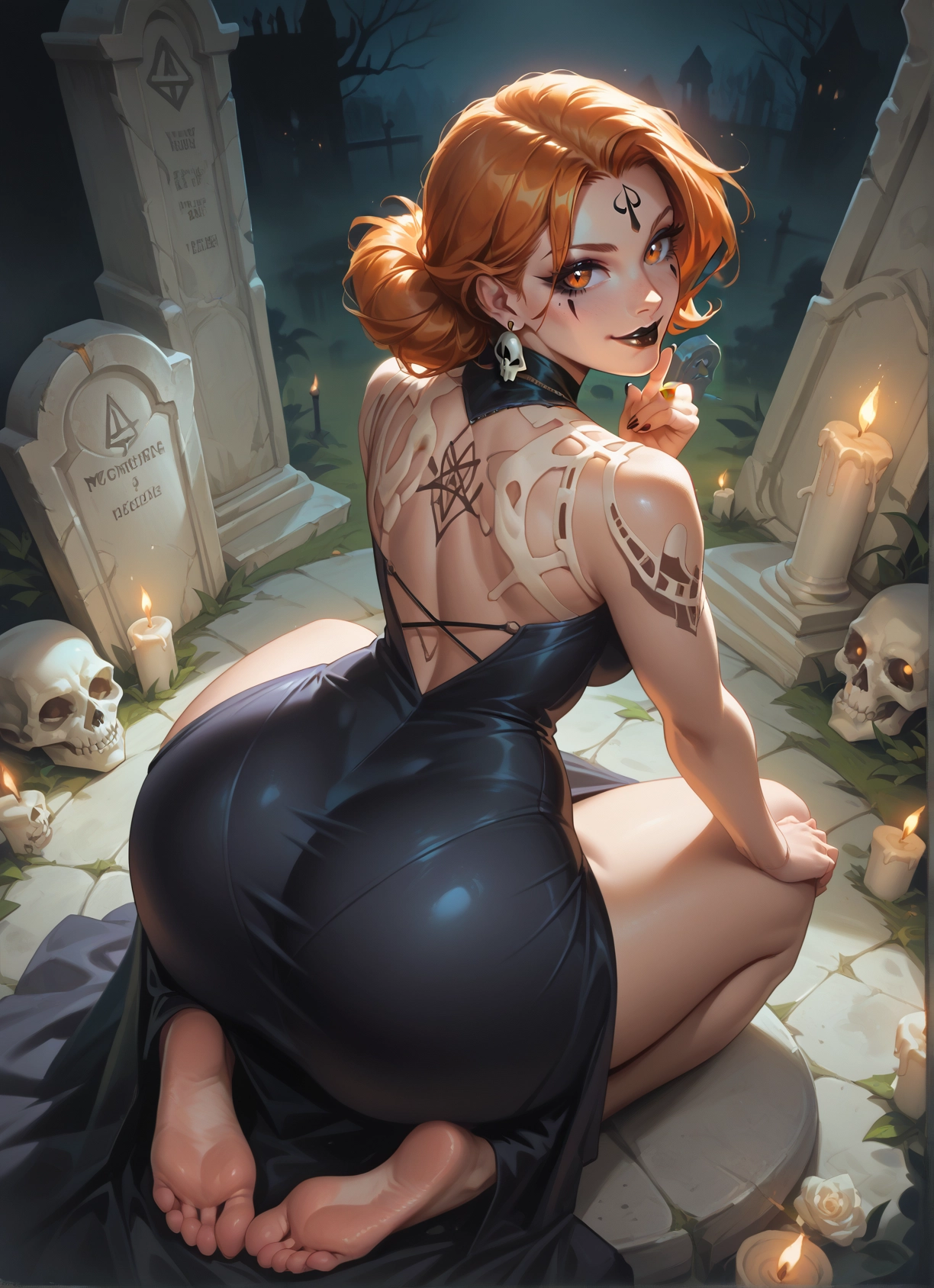 1girl, soles, dress, feet, tombstone, jewelry