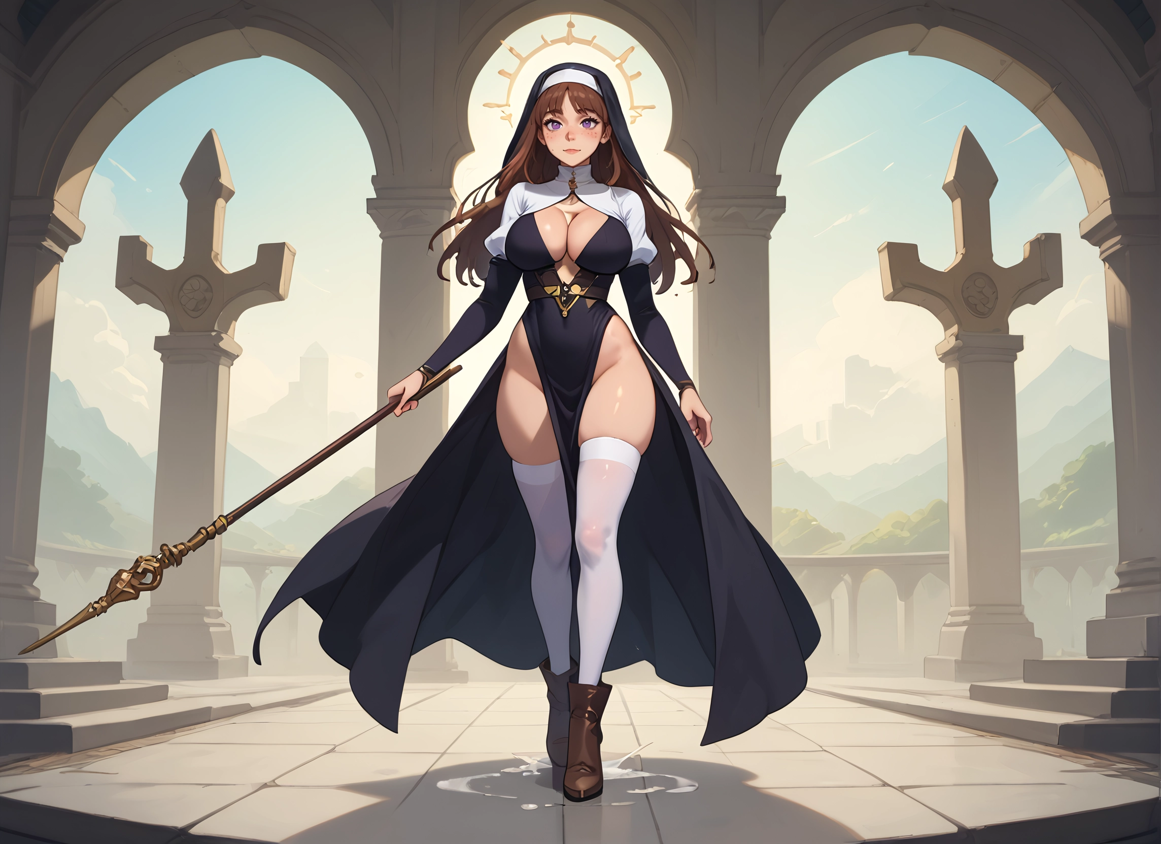 1girl, breasts, thighhighs, brown hair, nun, large breasts · Yamete.gg