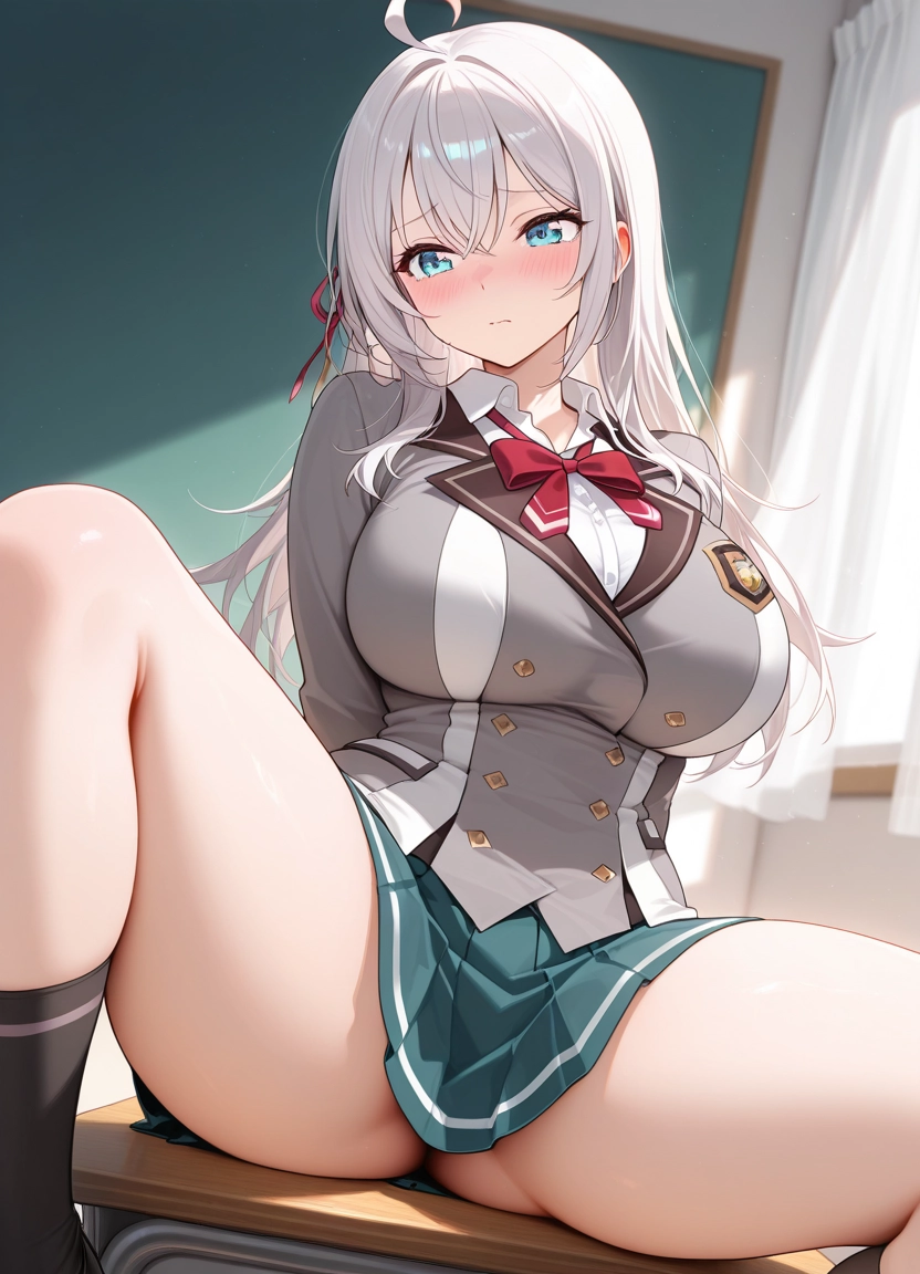 1girl, breasts, skirt, long hair, large breasts, blush