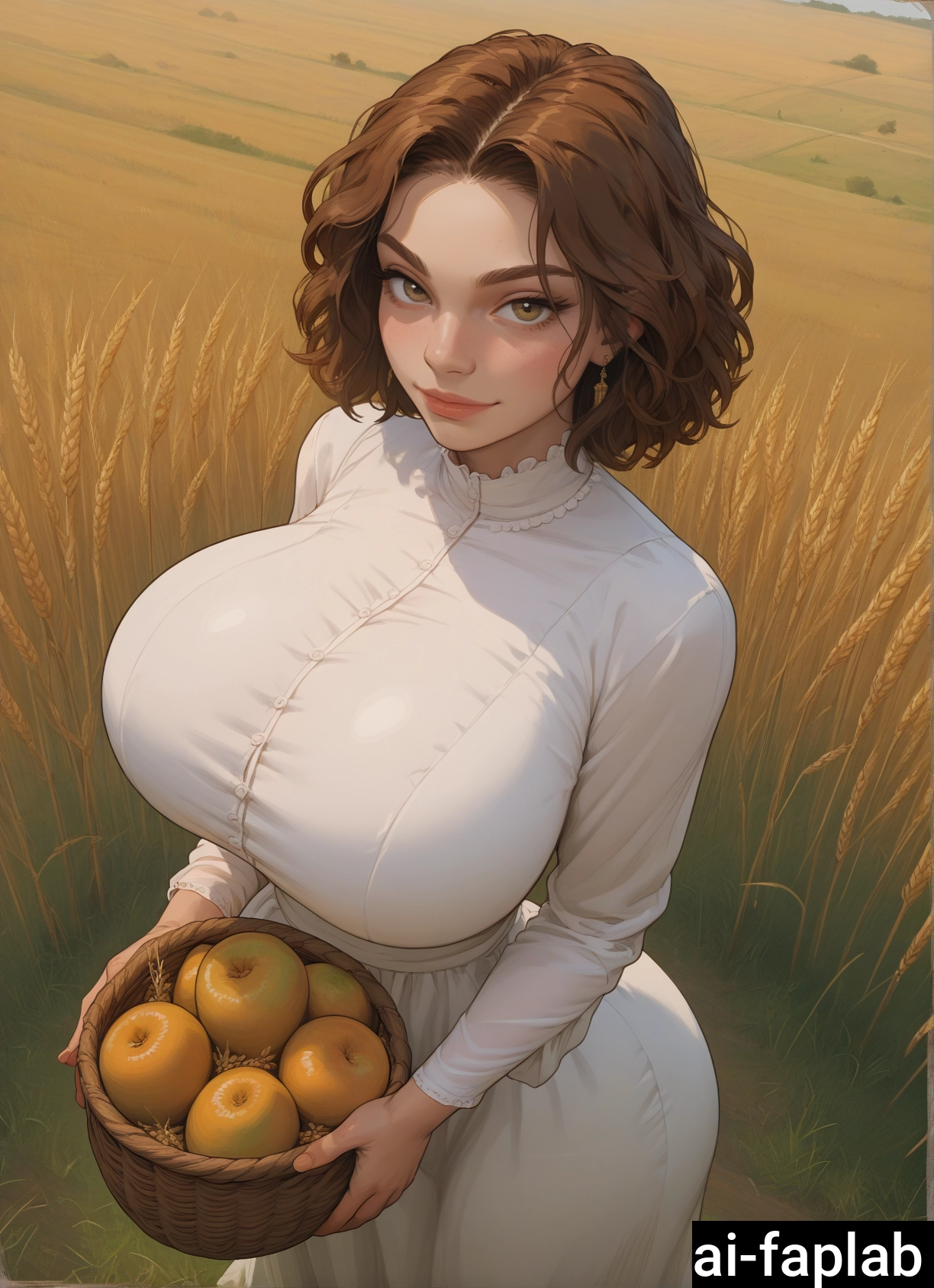 1girl, breasts, food, brown hair, solo, basket