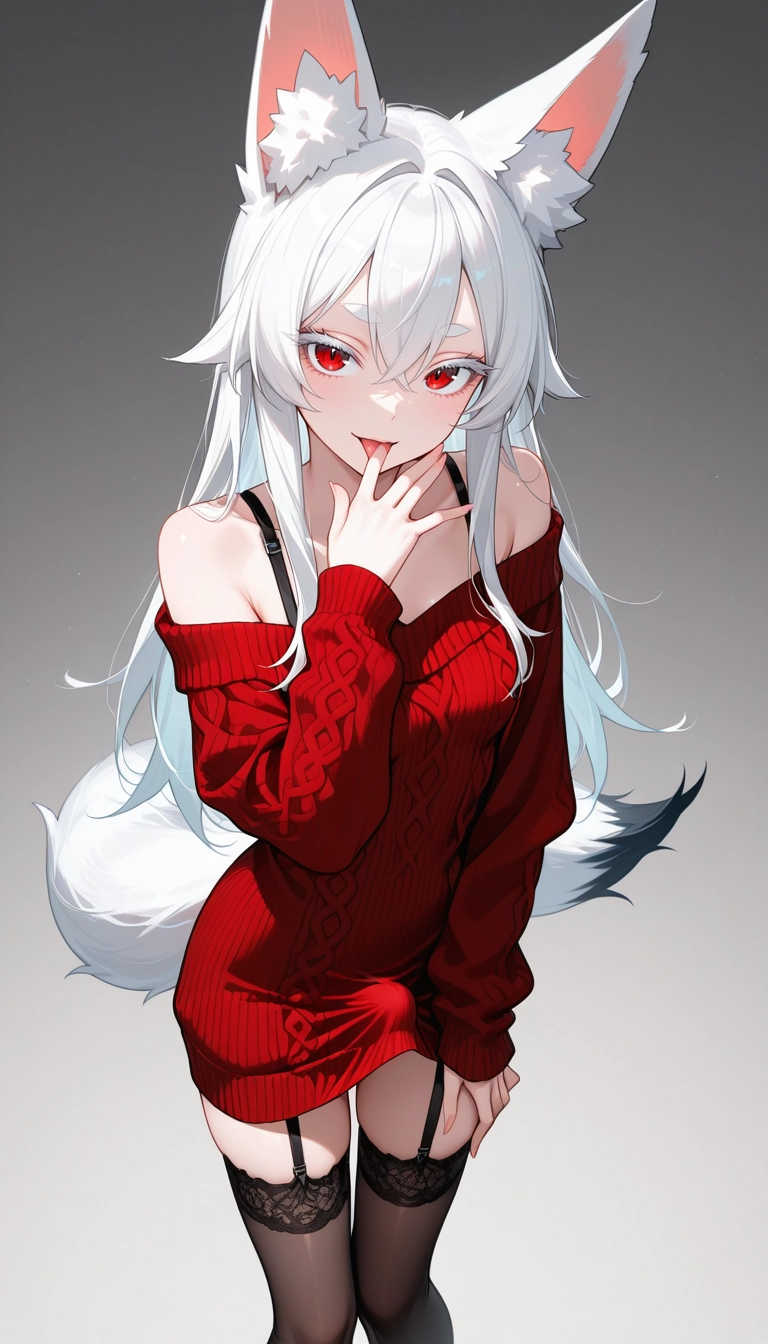 futanari, 1girl, solo, thighhighs, sweater, red sweater · Yamete.gg