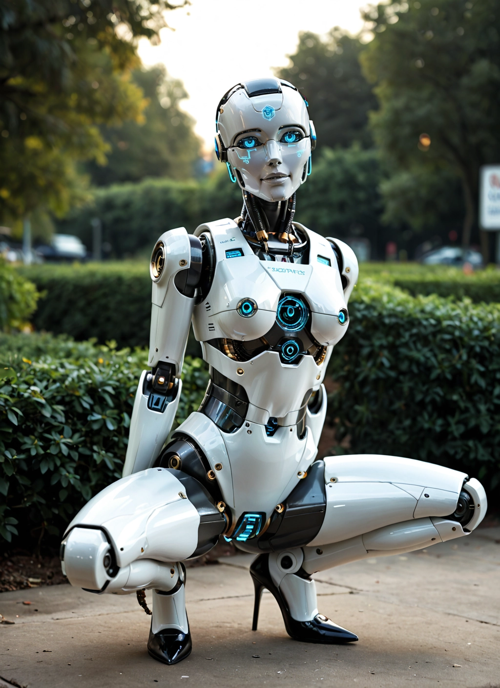 1girl, high heels, solo, squatting, robot joints, robot · Yamete.gg
