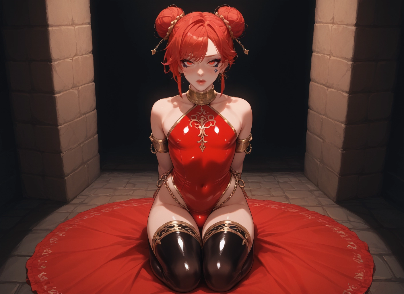 thighhighs, double bun, solo, dress, red eyes, looking at viewer · Yamete.gg