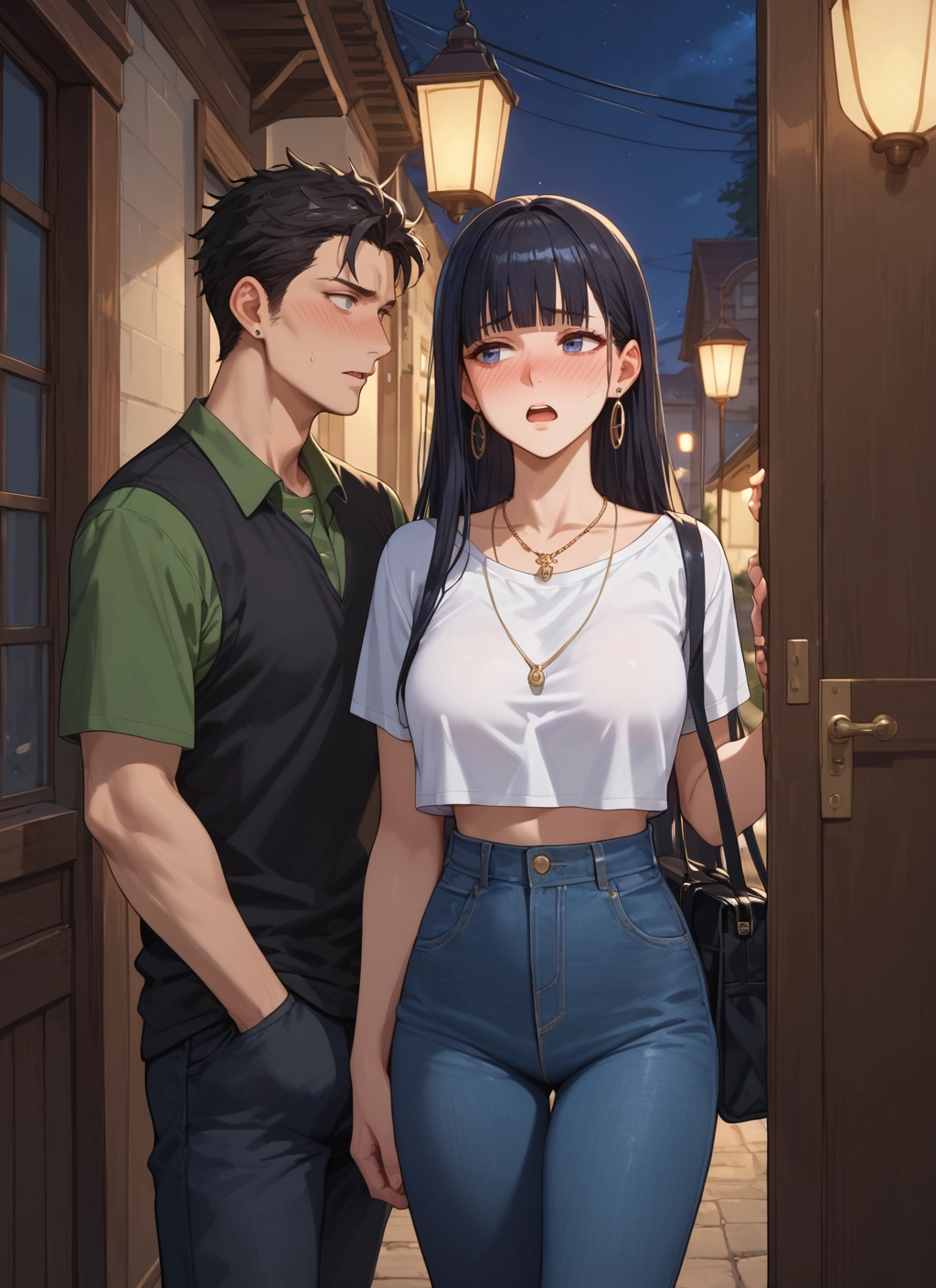 1girl, 1boy, jewelry, earrings, blush, pants · Yamete.gg