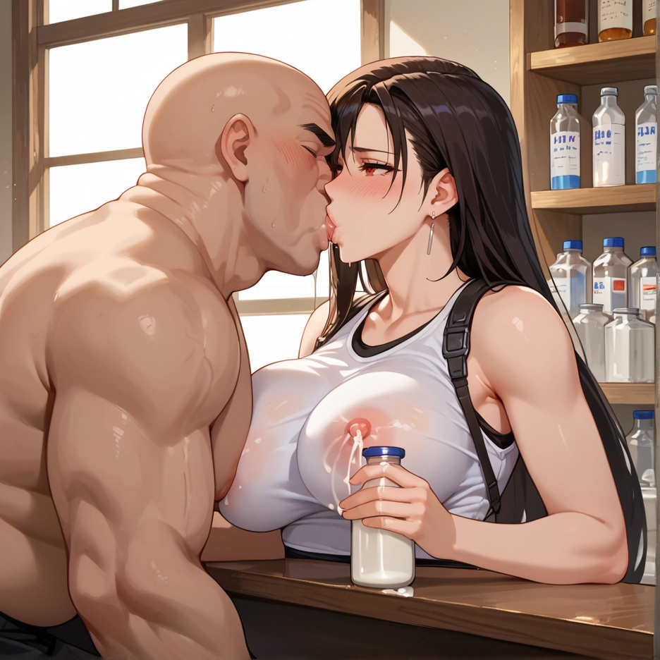 1girl, breasts, 1boy, long hair, kiss, lactation · Yamete.gg