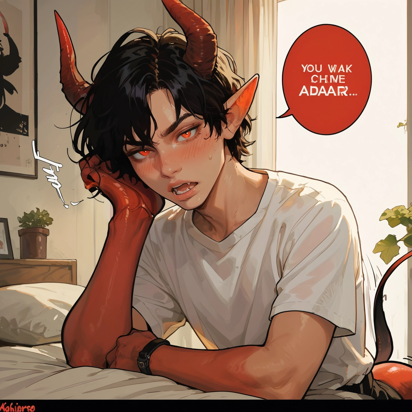 1boy, horns, male focus, tail, pointy ears, shirt · Yamete.gg