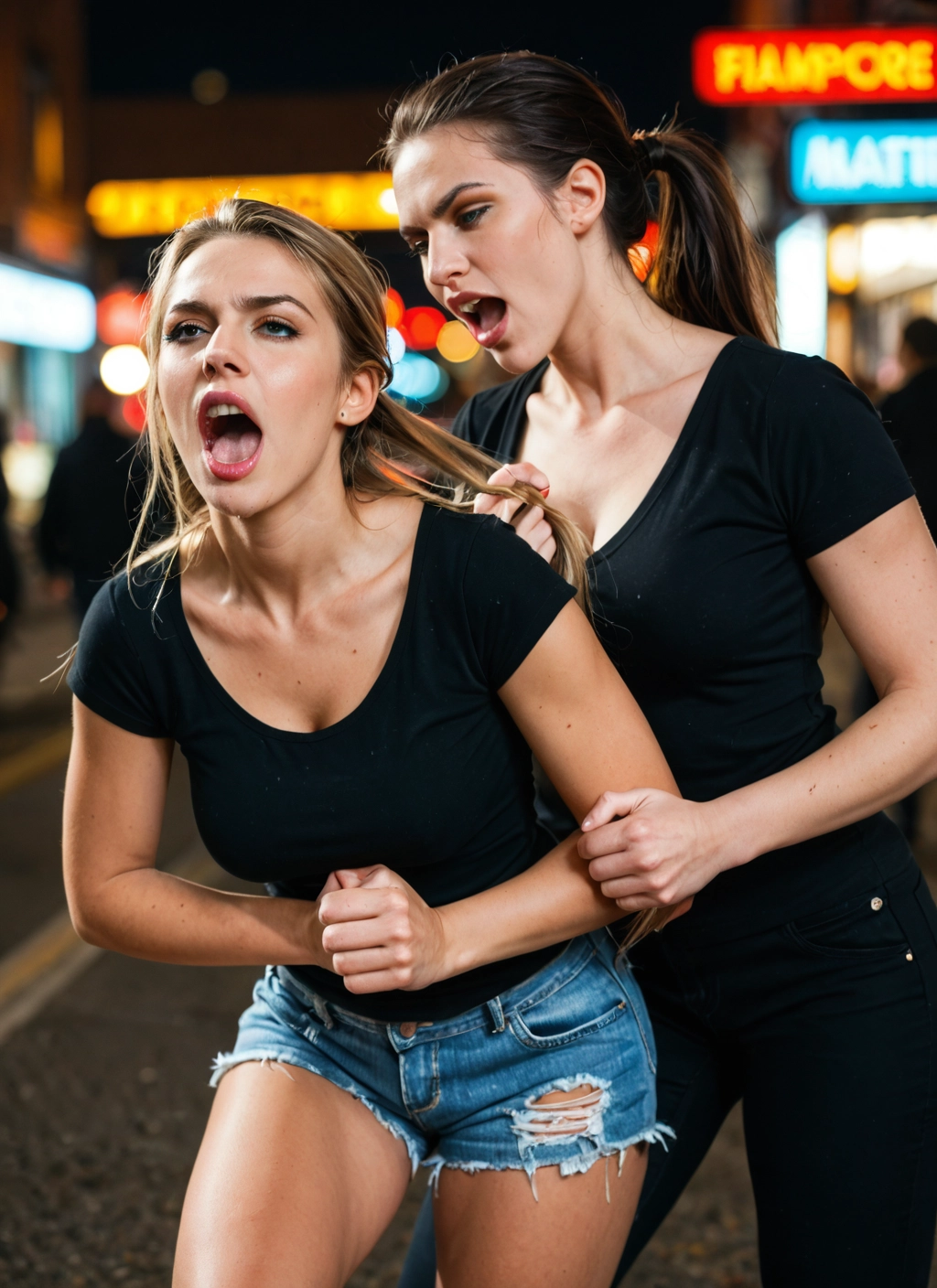 multiple girls, 2girls, denim, shorts, open mouth, torn clothes · Yamete.gg