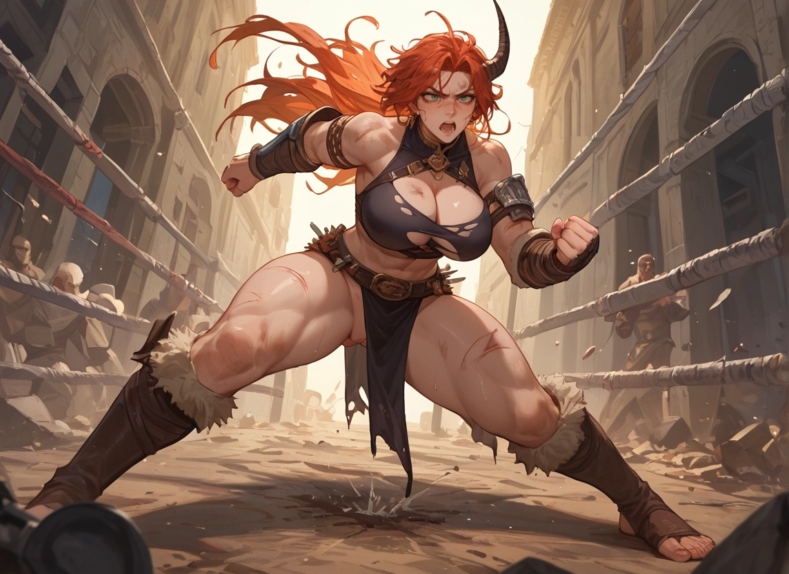 breasts, 1girl, horns, muscular female, muscular, long hair · Yamete.gg