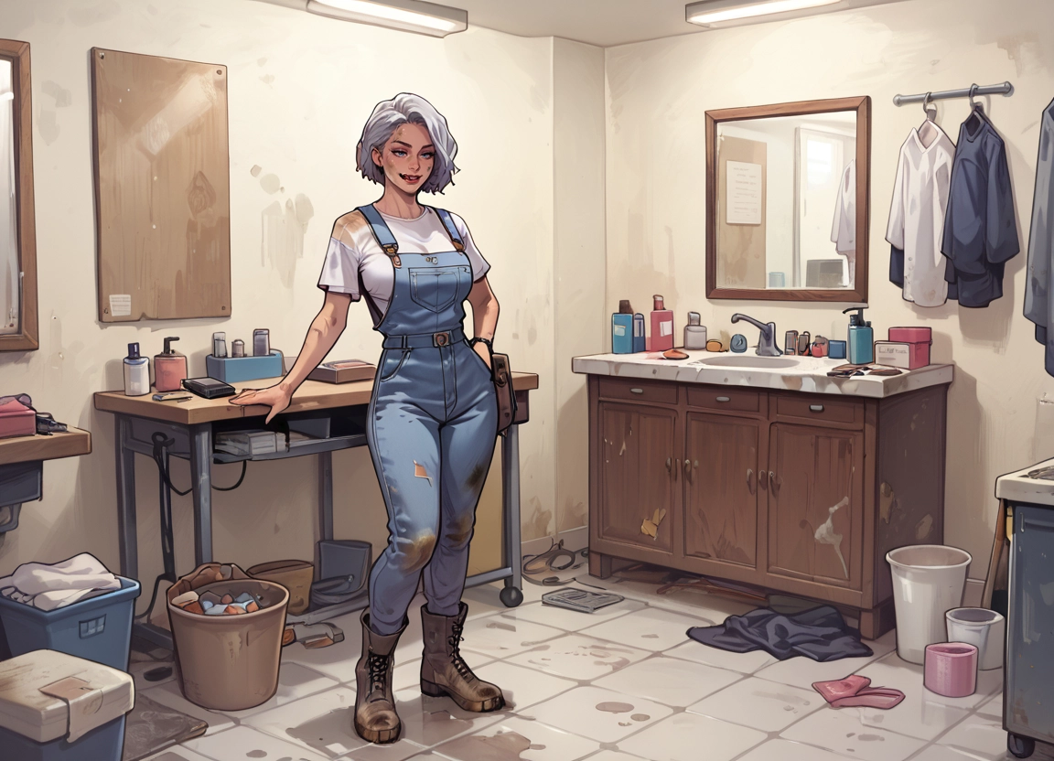 1girl, overalls, solo, dirty, short hair, shirt · Yamete.gg