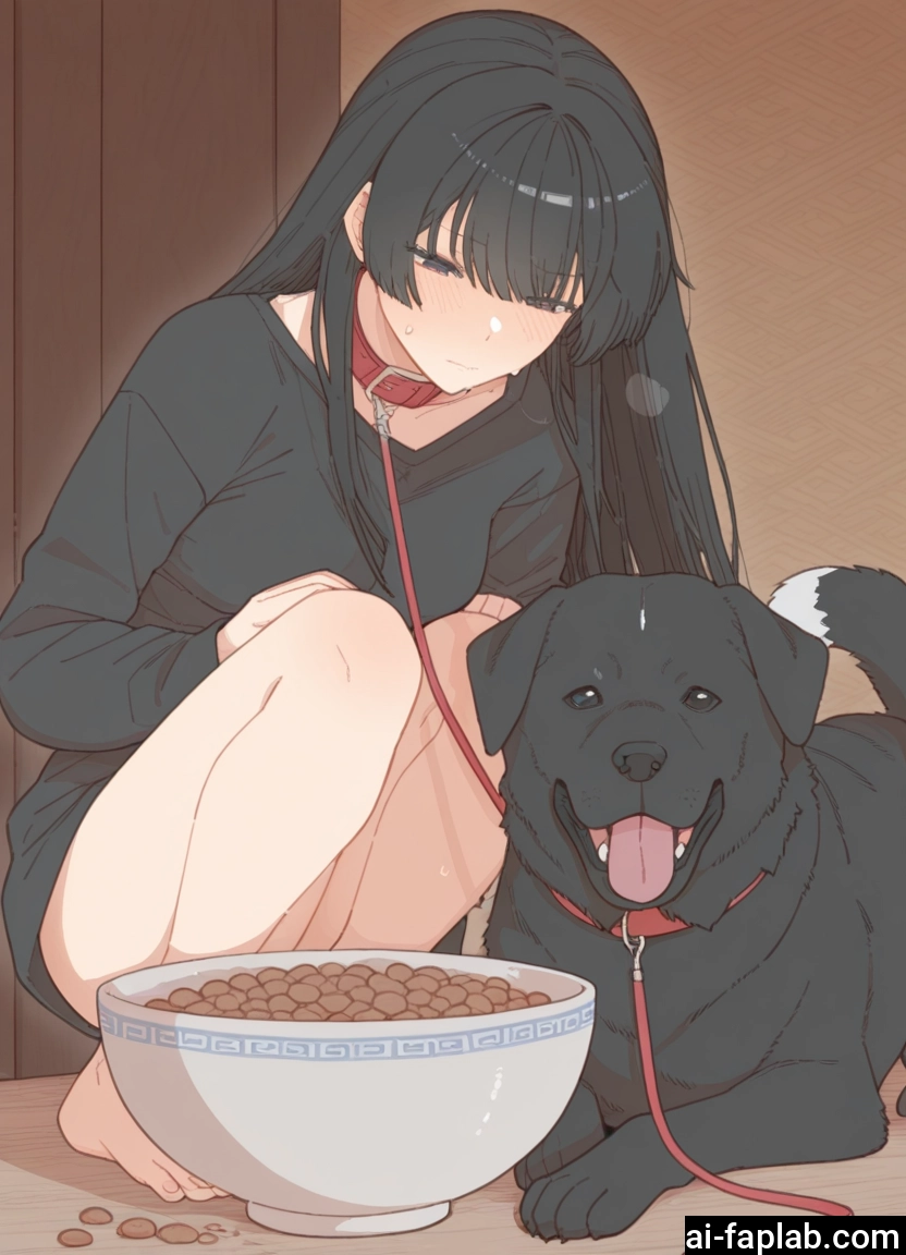 1girl, black hair, dog, long hair, collar, leash · Yamete.gg