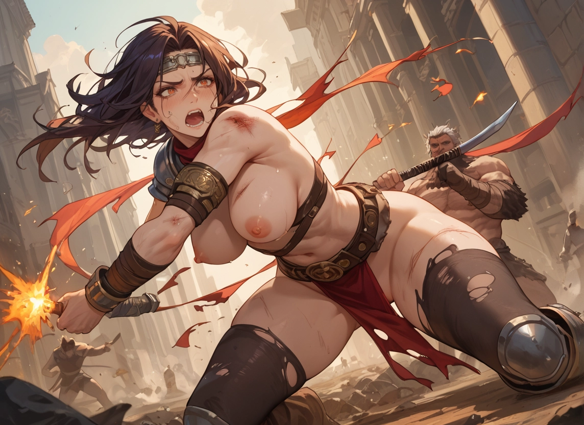 breasts, nipples, 1girl, weapon, torn clothes, open mouth · Yamete.gg