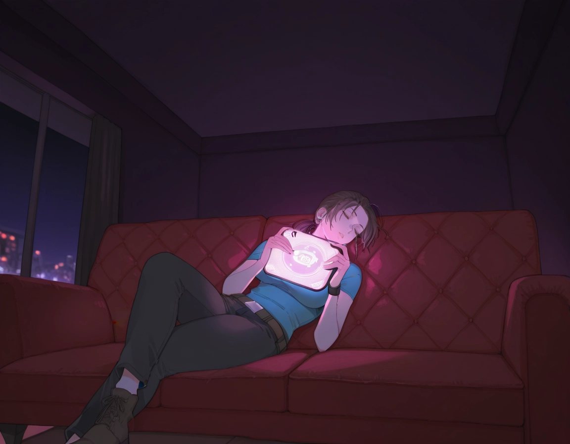 1girl, couch, solo, closed eyes, pants, brown hair · Yamete.gg