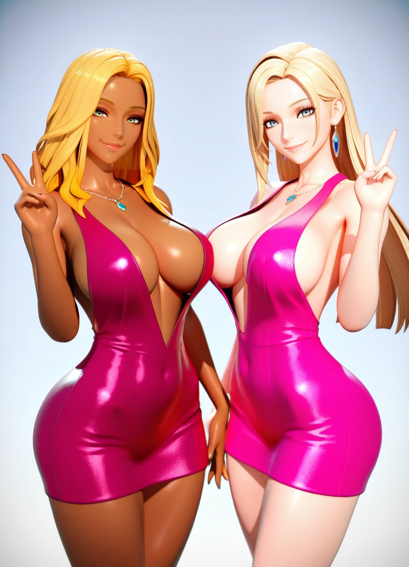 blonde hair, jewelry, dress, breasts, v, 2girls · Yamete.gg