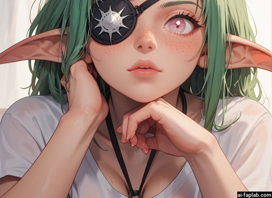 1girl, pointy ears, eyepatch, solo, freckles, green hair · Yamete.gg