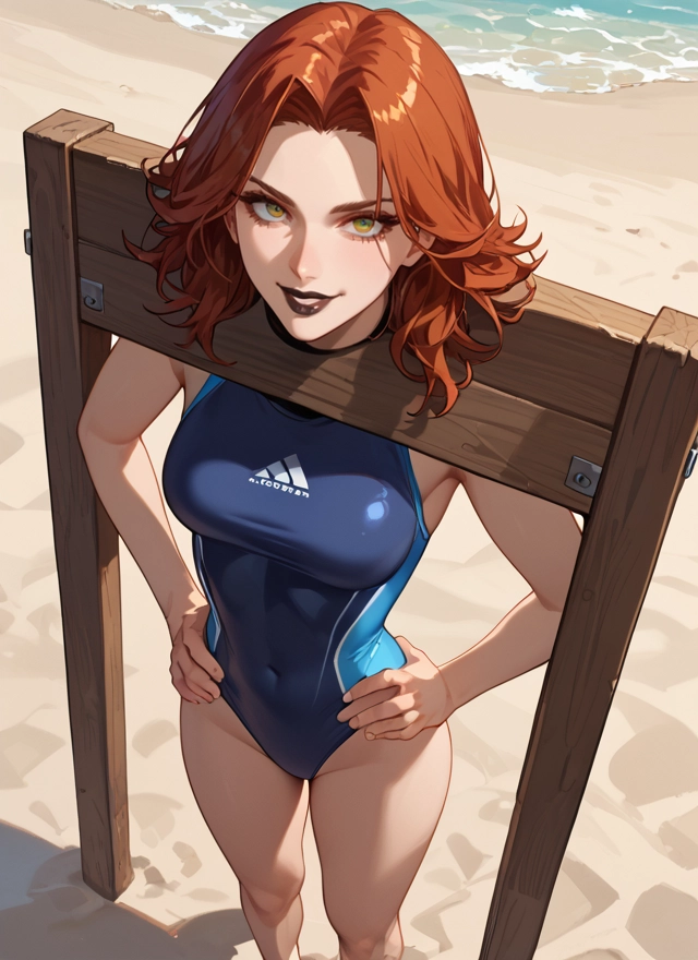 1girl, swimsuit, one-piece swimsuit, solo, beach, breasts · Yamete.gg