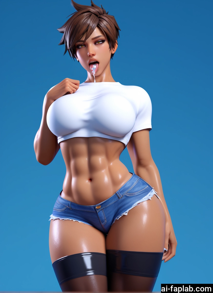 1girl, shorts, solo, breasts, short hair, brown hair · Yamete.gg